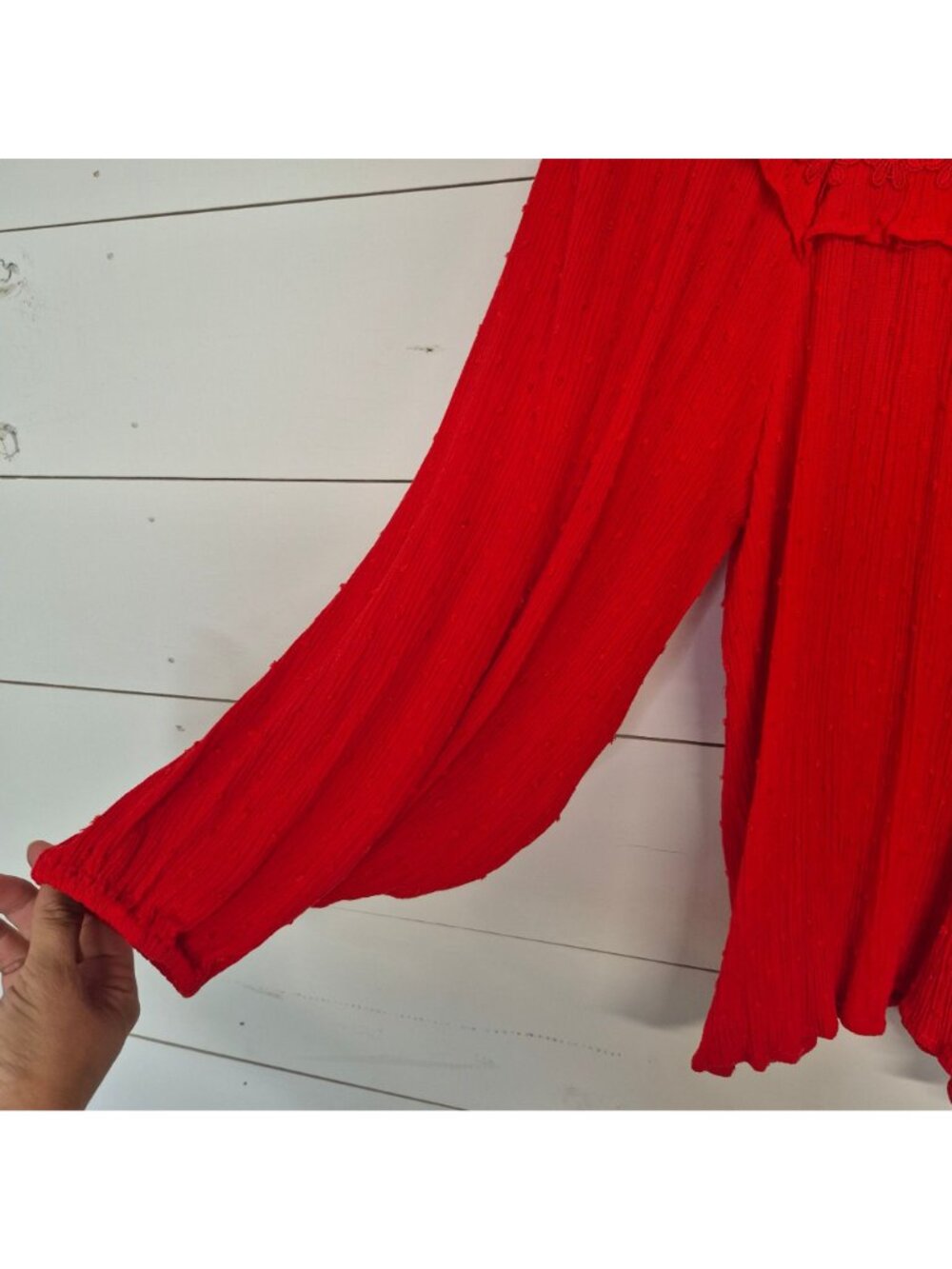 Boho Red Long Sleeve Lace-Trim Blouse With Back Tie Detail Womens Size S - Picture 2 of 8
